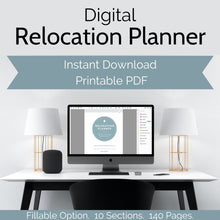 Load image into Gallery viewer, An apple desktop computer on a desk with the planner loaded on screen, with a gold and white lamp on each side. The text "Digital Relocation Planner. Instant Download. Printable PDF. Fillable Option. 10 Sections. 140 Pages" is written on the photo.