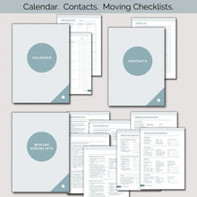 Load image into Gallery viewer, Three sections from relocation planner: Calendar, Contacts, Moving Checklists; with the section pages behind each title page