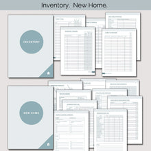Load image into Gallery viewer, Two sections from relocation planner: Inventory, New Home; with the section pages behind each title page