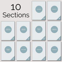 Load image into Gallery viewer, Three rows of Title pages from 10 Sections of Planner Including: Calendar, Contacts, Moving Checklists, Moving Company, Moving Day, Service Recommendations, Current Home, New Home, Inventory, Financial