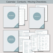 Load image into Gallery viewer, Three sections from relocation planner: Calendar, Contacts, Moving Checklists; with the section pages behind each title page
