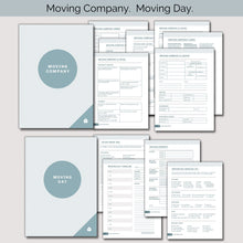 Load image into Gallery viewer, Two sections from relocation planner: Moving Company, Moving Day; with the section pages behind each title page
