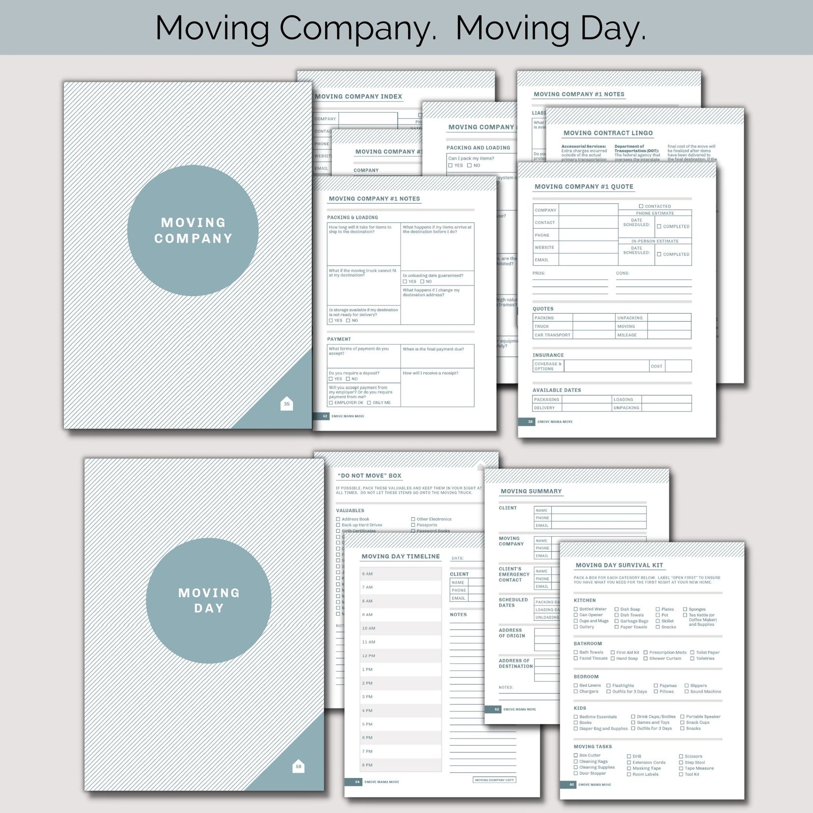 Two sections from relocation planner: Moving Company, Moving Day; with the section pages behind each title page