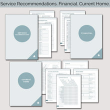 Load image into Gallery viewer, Three sections from relocation planner: Service Recommendations, Financial, Current Home ; with the section pages behind each title page
