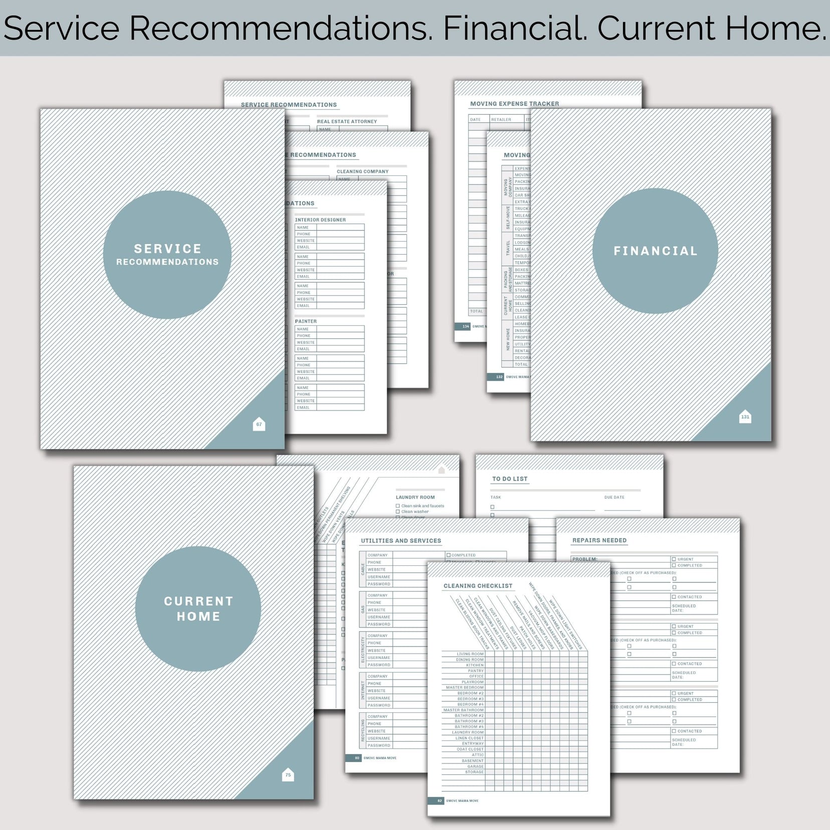Three sections from relocation planner: Service Recommendations, Financial, Current Home ; with the section pages behind each title page
