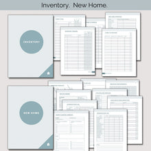 Load image into Gallery viewer, Two sections from relocation planner: Inventory, New Home; with the section pages behind each title page
