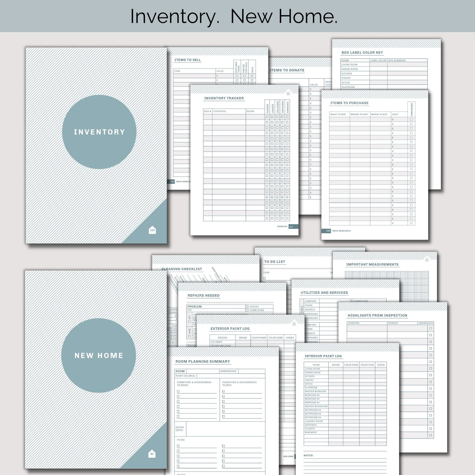 Two sections from relocation planner: Inventory, New Home; with the section pages behind each title page