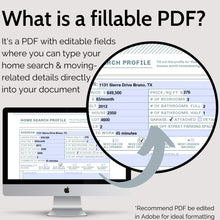 Load image into Gallery viewer, An apple desktop with Relocation Planner on screen with an arrow pointing to zoomed circle with description of what a fillable PDF
